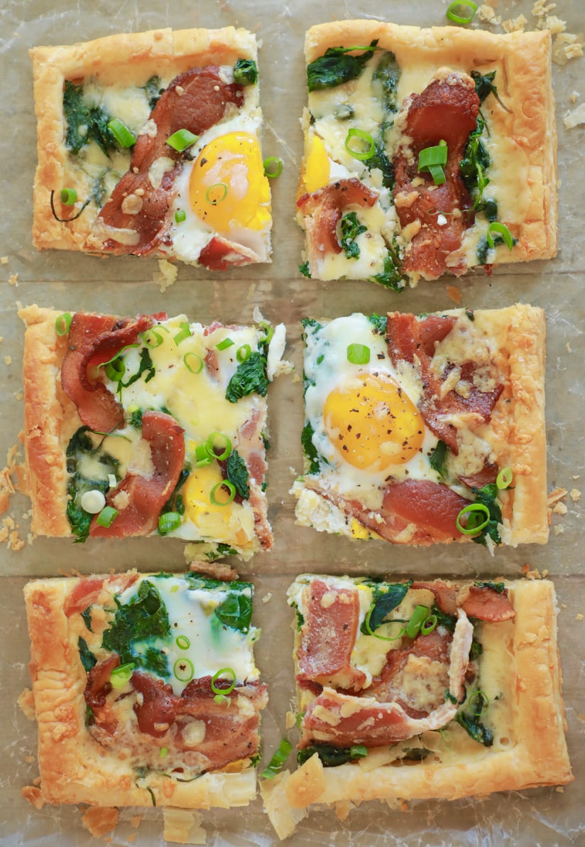 A breakfast tart cut into squares