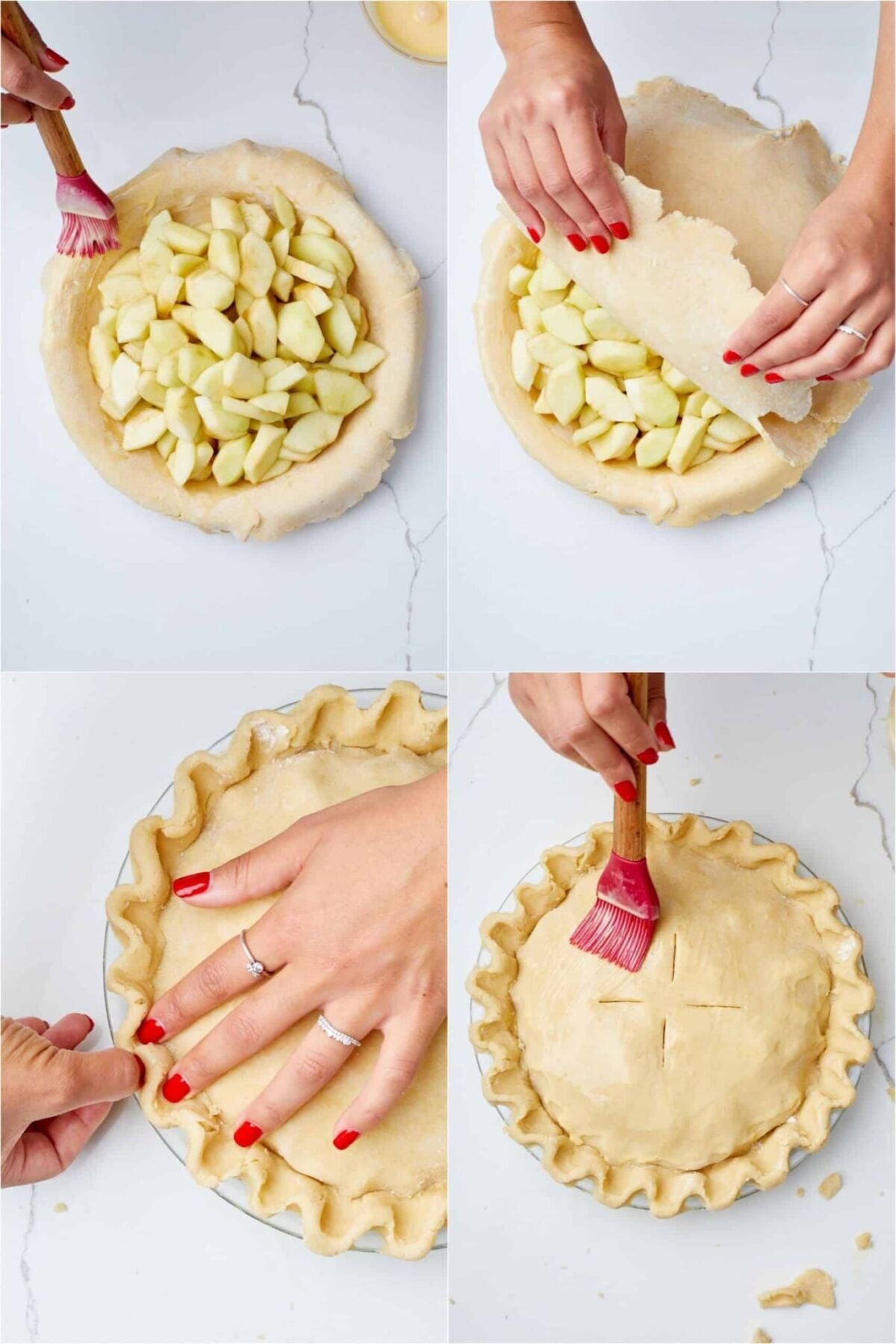 Best Apple Pie Recipe step7 Fill the pie with apple filling, top with pastry and brush egg wash. Then cut a few holes in the top of the crust to allow steam to escape.
