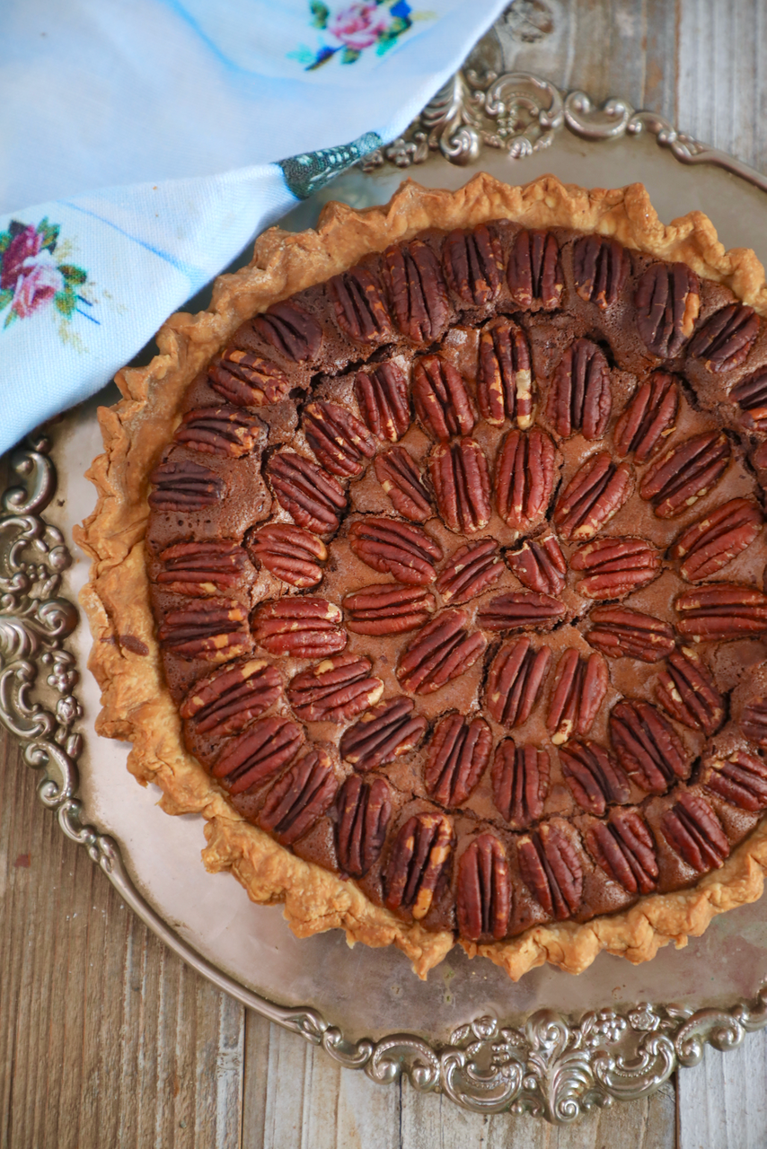 Pecan Fudge Pie1 Top down view of a pecan fudge pie.