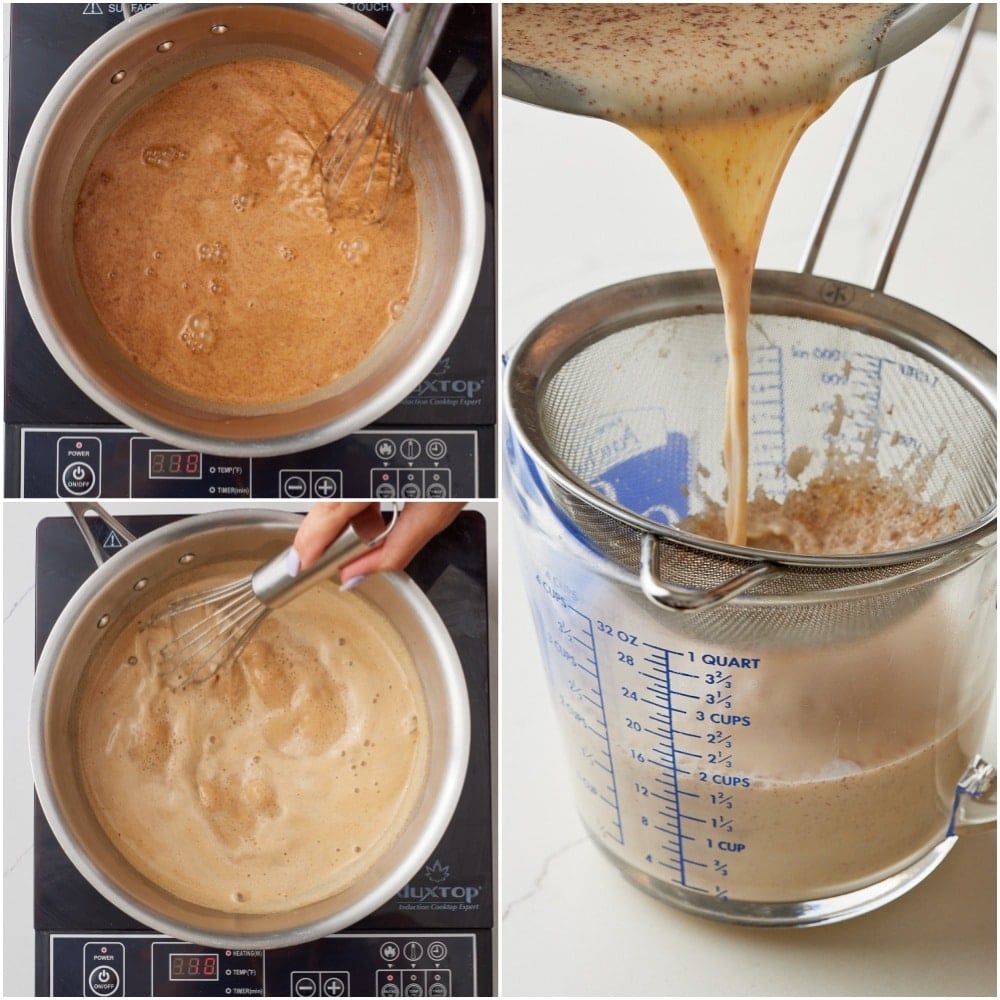 Pumpkin Coffee Creamer step2 Homemade pumpkin spice coffee creamer being cooked, whisked, and strained into a measuring cup.