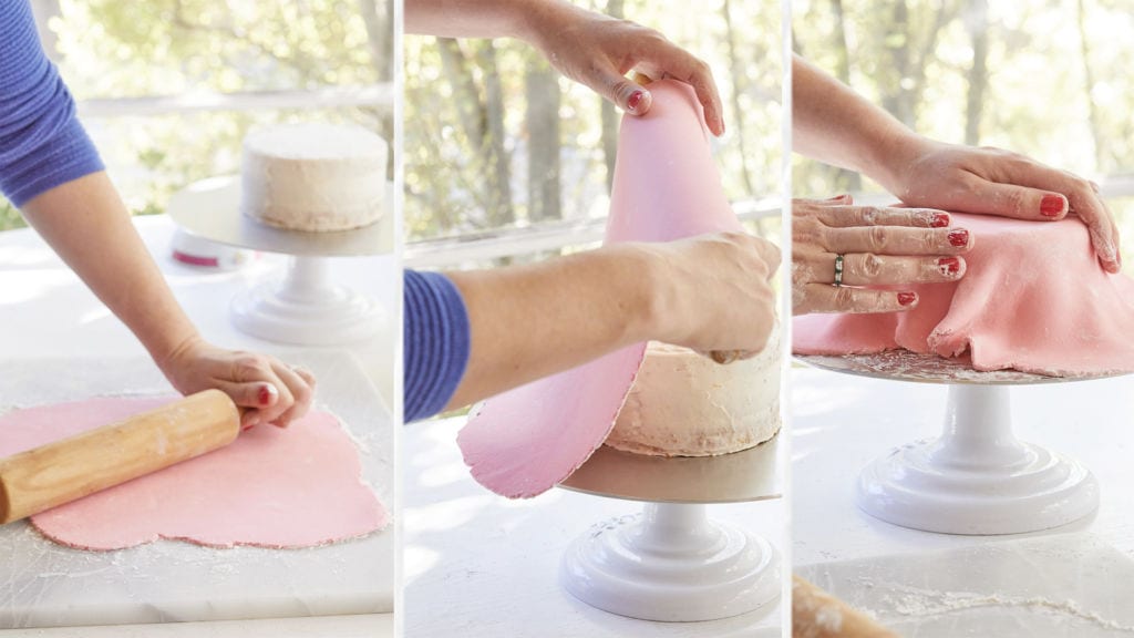 Three panels showing how to decorate a cake with marshmallow fondant