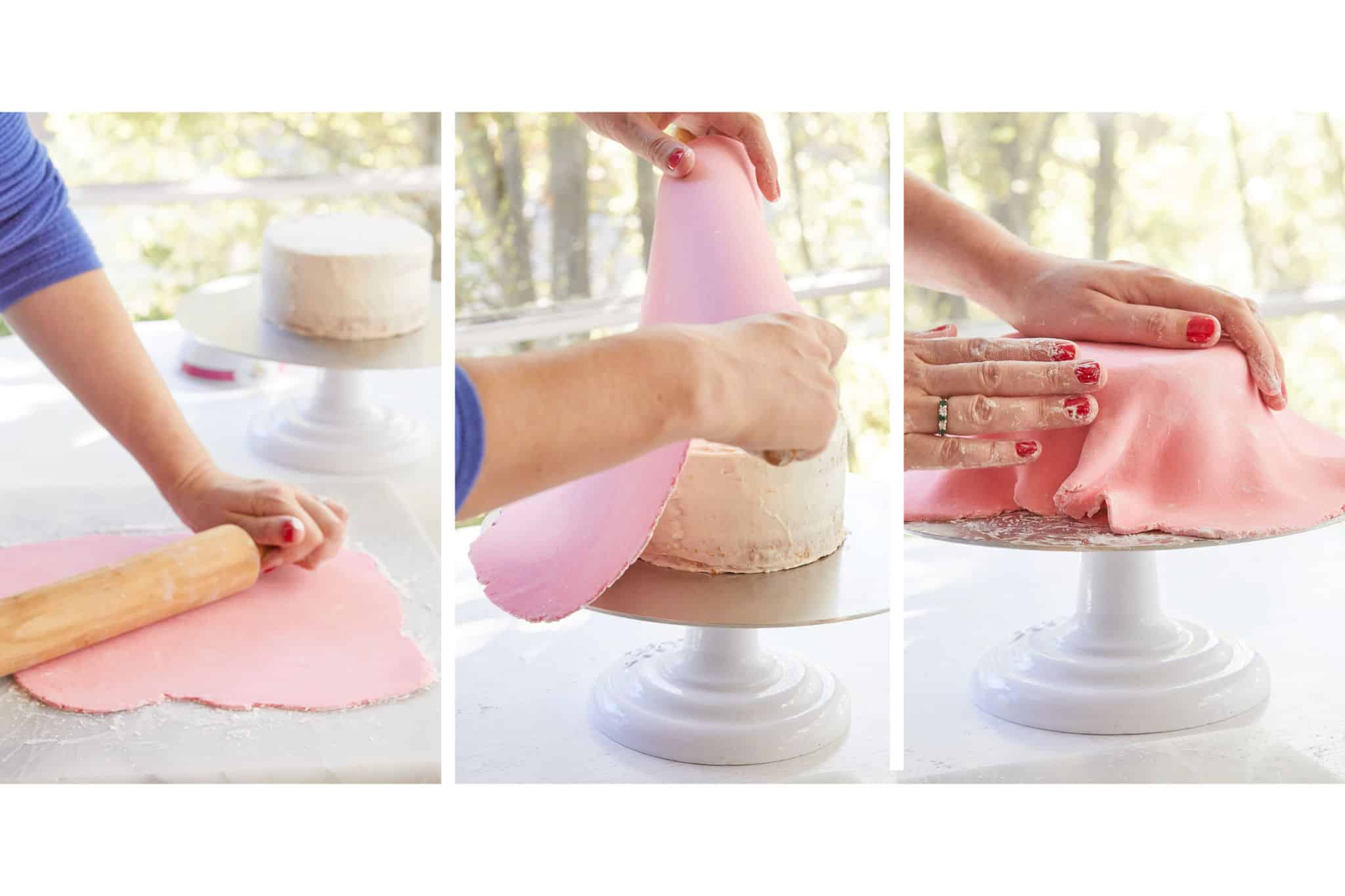 Three images of pink marshmallow fondant being prepared and put onto a cake in order.
