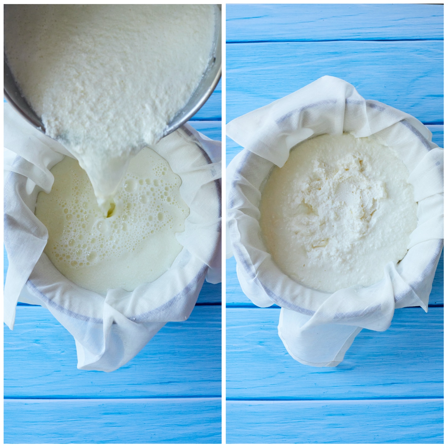 side by side photos of how to make homemade ricotta at home