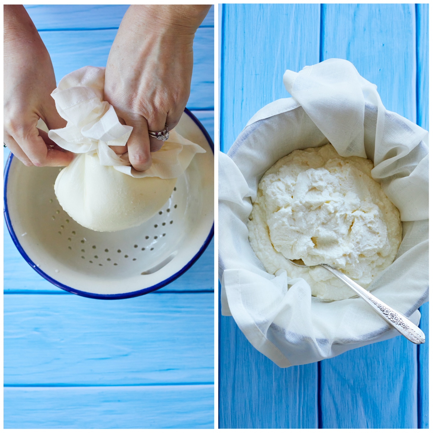 side by side photos of how to strain homemade ricotta 