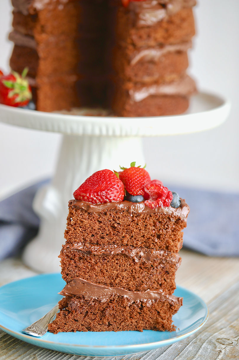 A slice of an easy chocolate cake recipe, showing texture.