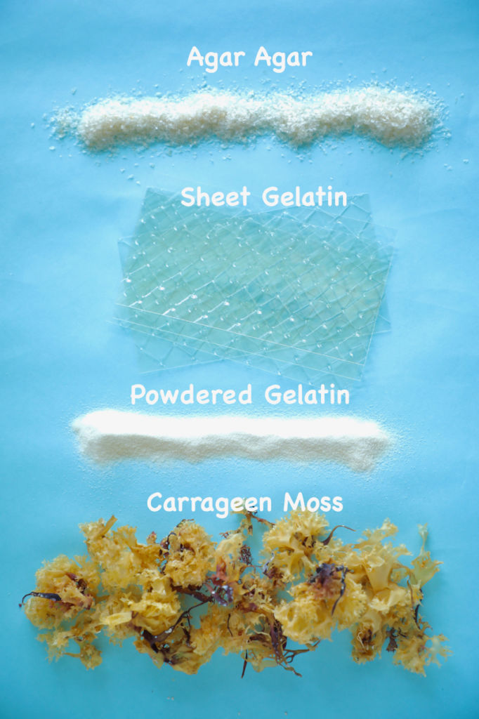 The different kinds of gelatin, like agar agar, irish moss, carrageen moss, sheet gelatin, and powdered gelatin.