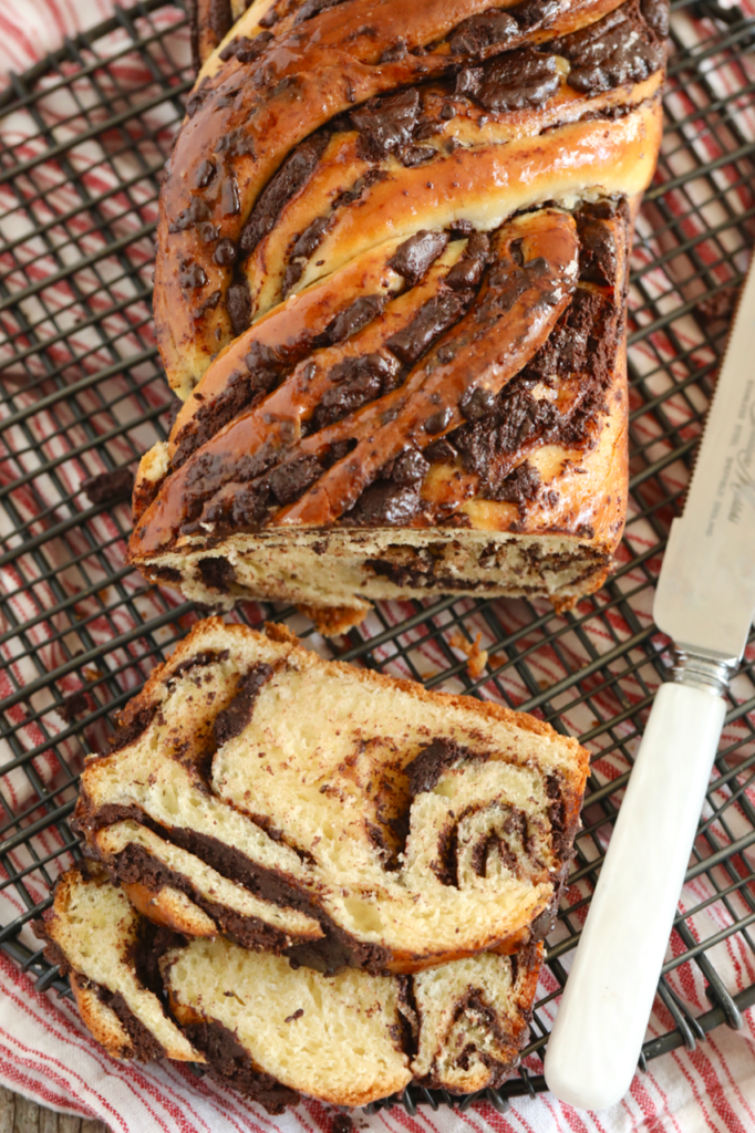 Chocolate Babka sliced, showing texture and chocolate marbling.