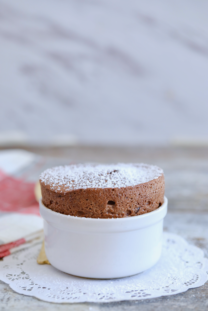 Chocolate Souffle, baked and risen over the top of the ramekin. 