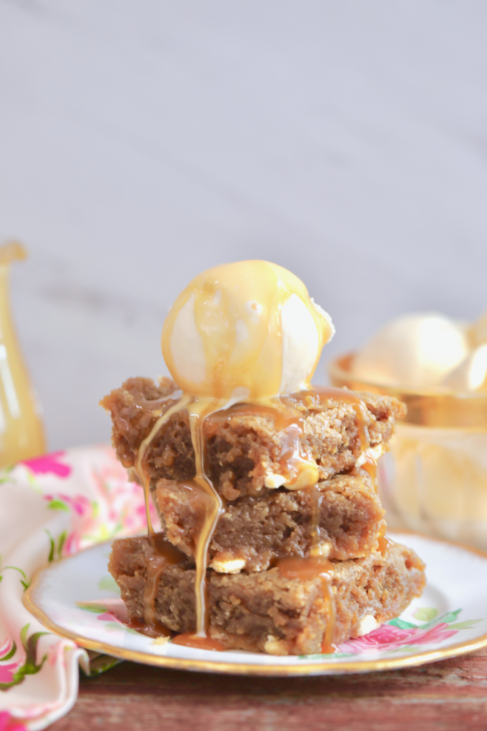 Microwave Butterscotch Blondies with ice cream on top, ready to enjoy.