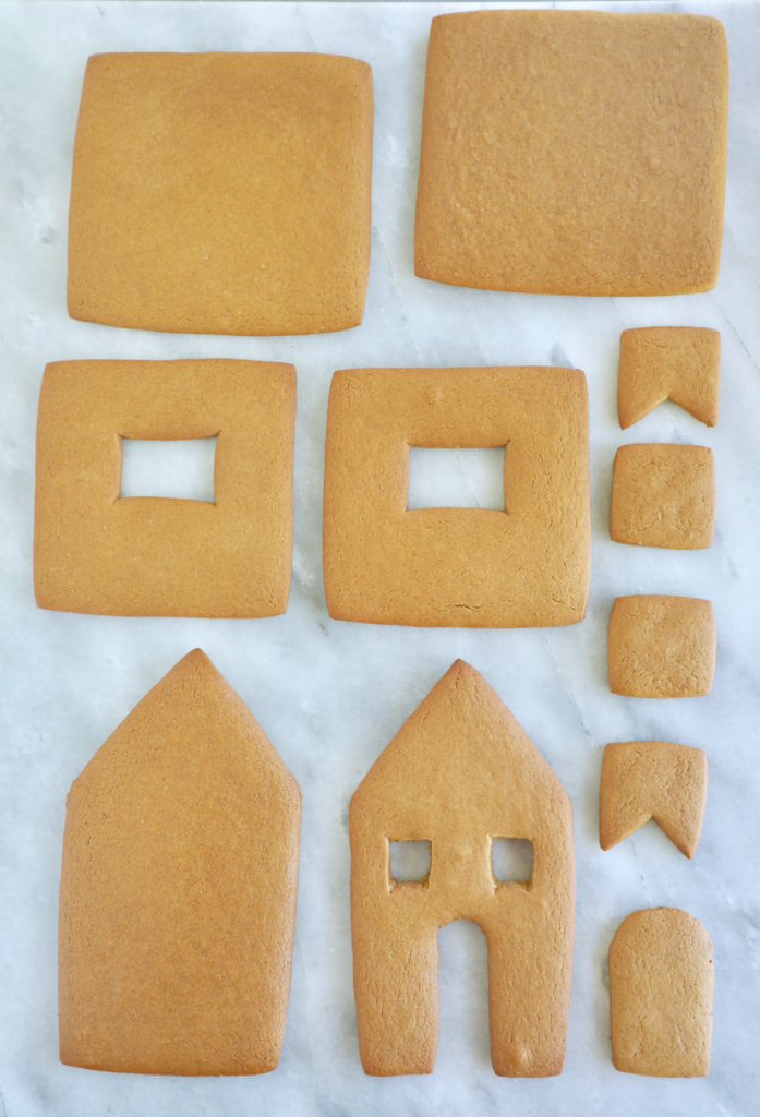 Baked Ultimate Homemade Gingerbread House Kit pieces, unassembled and not decorated yet.