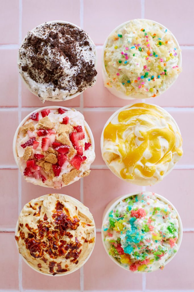 Top-down view of 6 difference homemade ice cream flavors