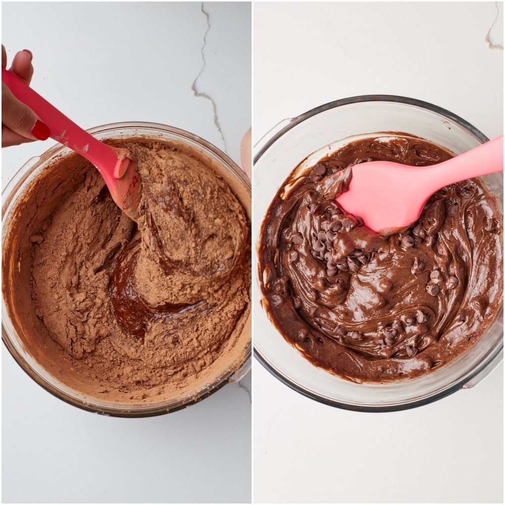 Double Chocolate Chip Muffins step5 Fold the dry ingredients into the wet until almost incorporated. Then gently mix in the chocolate chips.