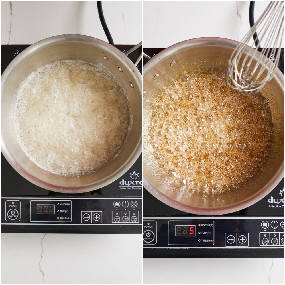 Golden Syrup step2 Bring to a simmer and cook until the mixture turns a deep amber color.