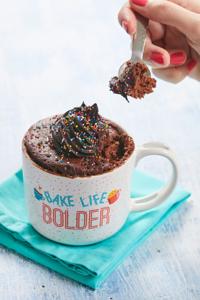 A spoonful of Best-Ever Mug Cake, chocolate.