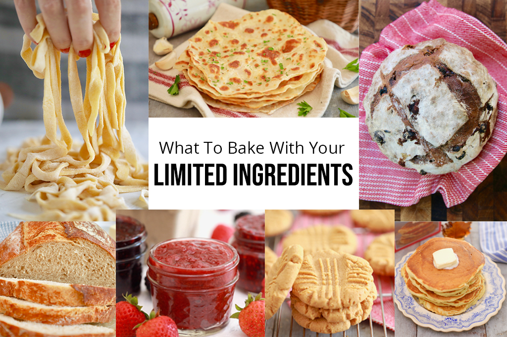A collage of recipes you can make with limited ingredients at home.