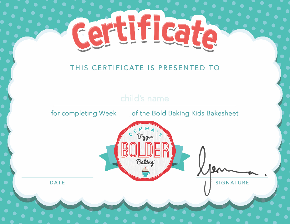 Certificate of completion for the Bold Baking Kids Bakesheets