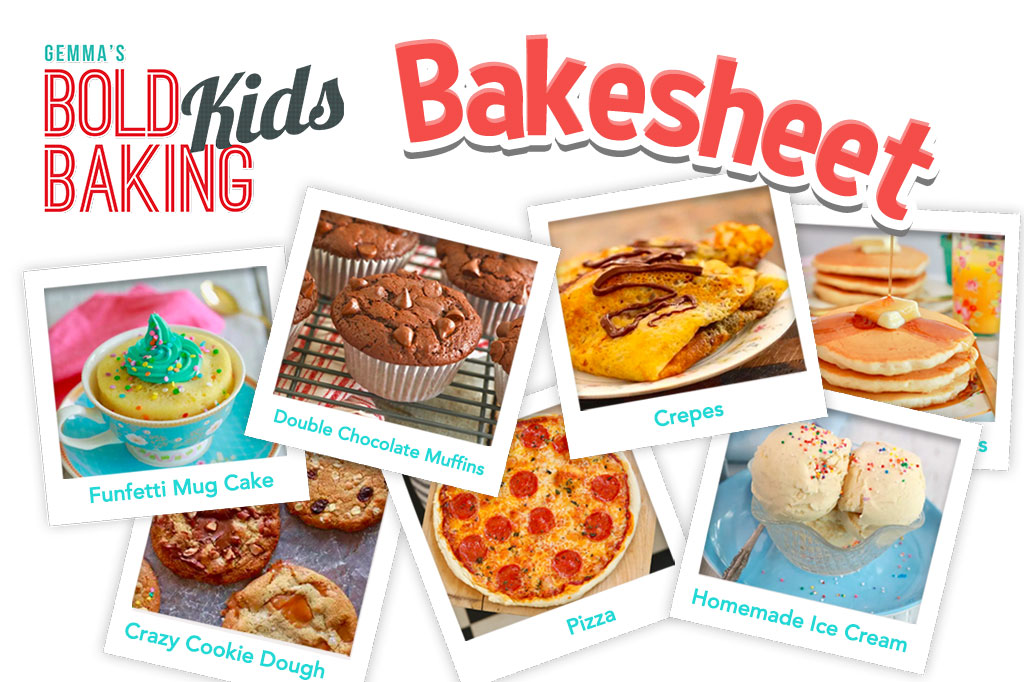 An image showing all of the recipes kids can bake on their Kids Baking worksheet.