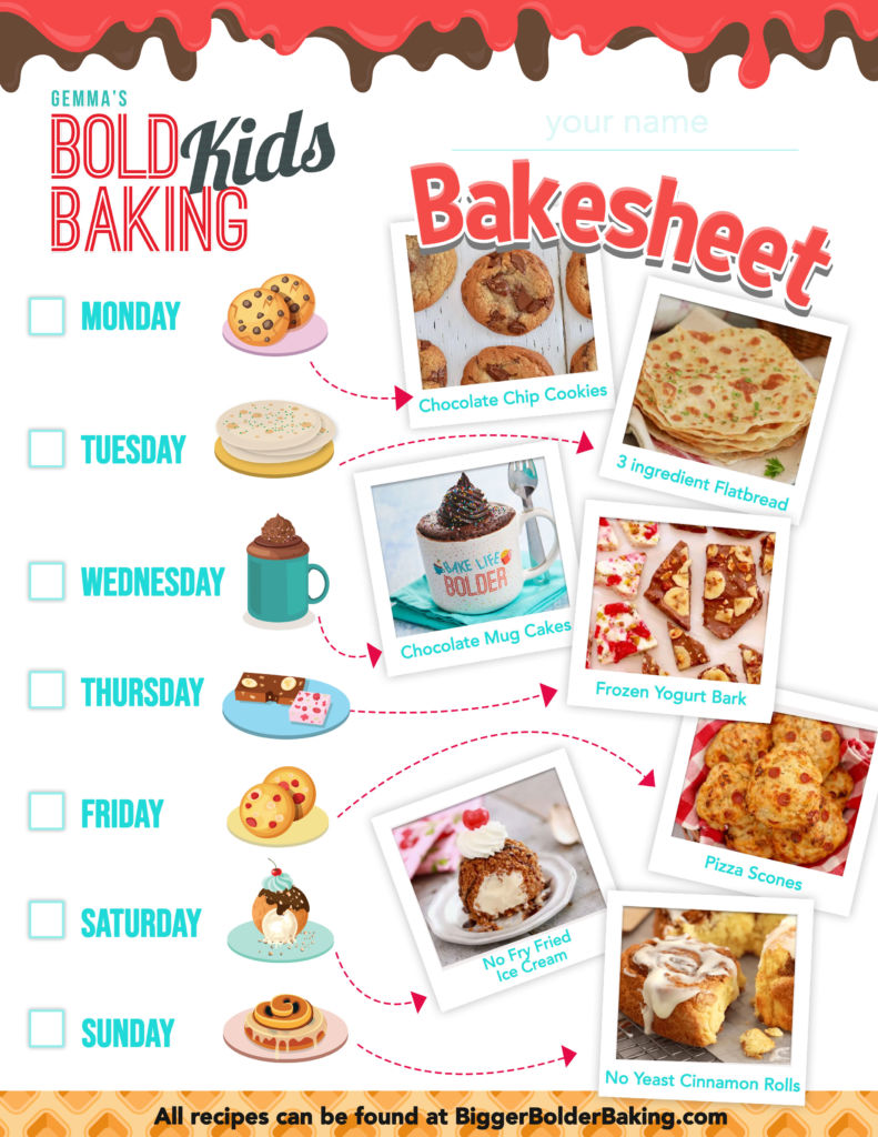 The collection of recipes that make up the third week of the kids baking bakesheet.