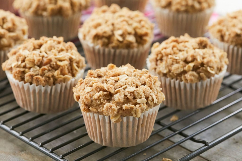 Banana Nut Muffins arranged and topped with streusel.