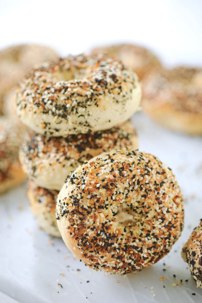 New-York Style Bagels are baked until golden brown, covered with crispy everything seasoning including black sesame, onions and poppy seeds.