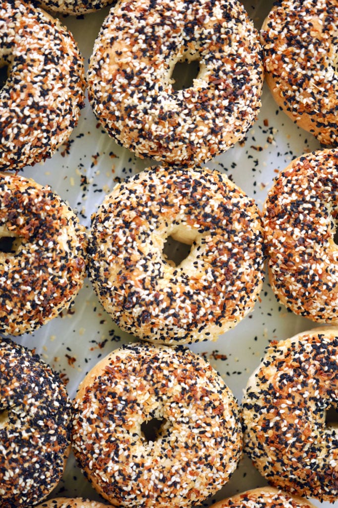 A top-down grid view of my New York-Style Bagels recipe baked to perfection.
