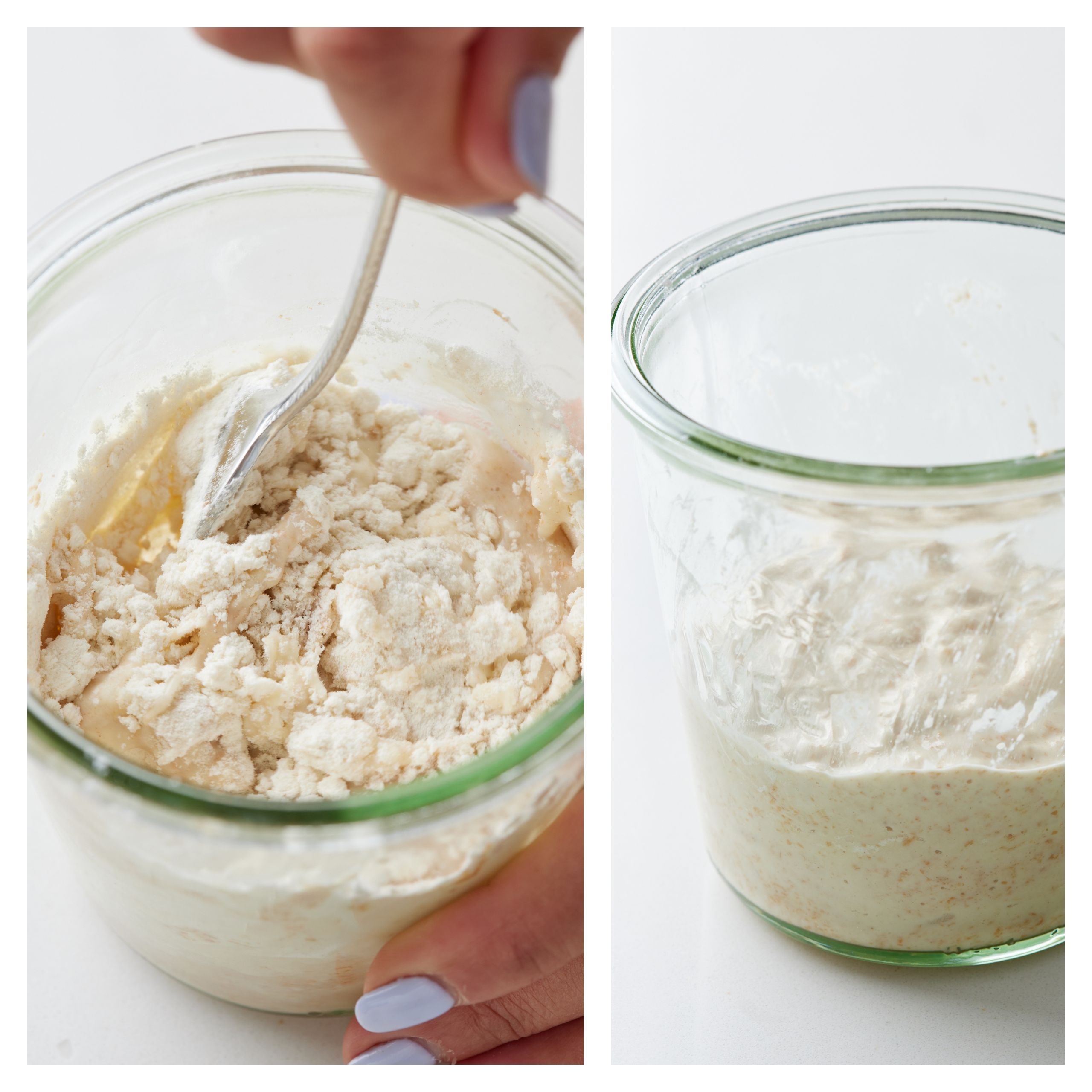 feeding the starter: mix starter, water and flour until smooth. The texture should resemble thick-ish batter at this point.