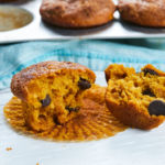 The interior of my pumpkin muffins recipe, showing texture and chocolate chips.