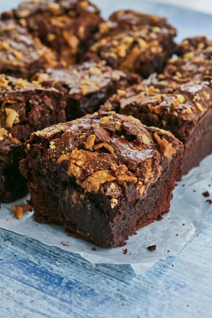 A close up of an Ultimate Peanut Butter Brownie, showing texture.