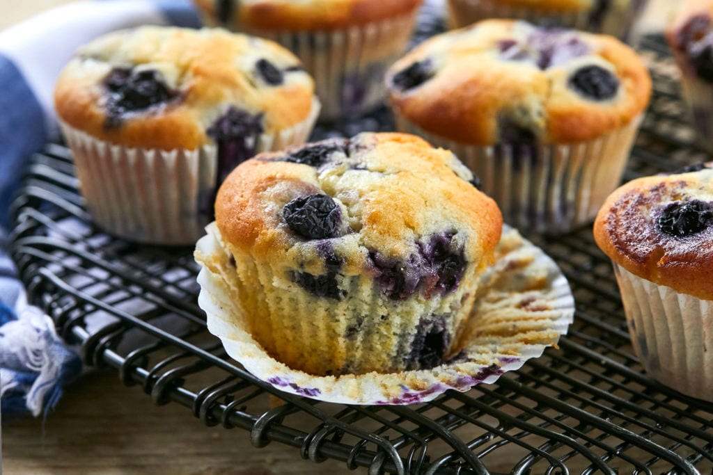 The wrapped peeled back from a Lemon Blueberry Muffin