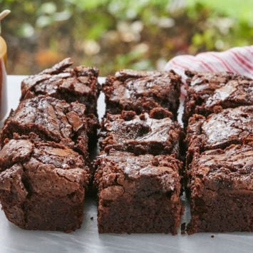 My Decadent Caramel Brownies cut and ready to serve.