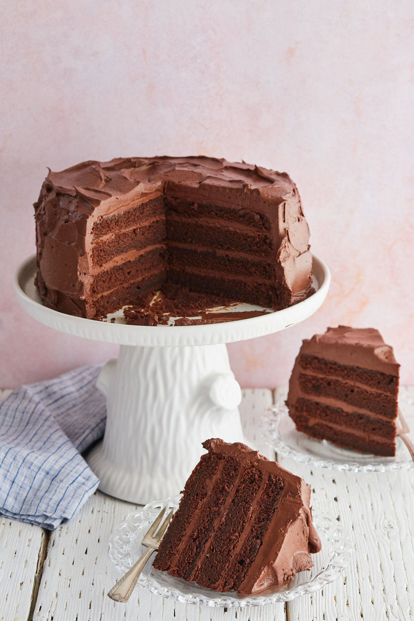 Two slices of chocolate cake ready to serve.