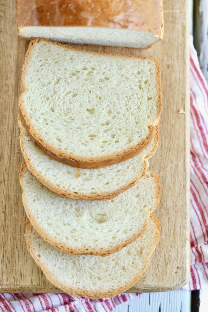 A top-down close up of my Sandwich Bread slices, showing the texture and crumb.