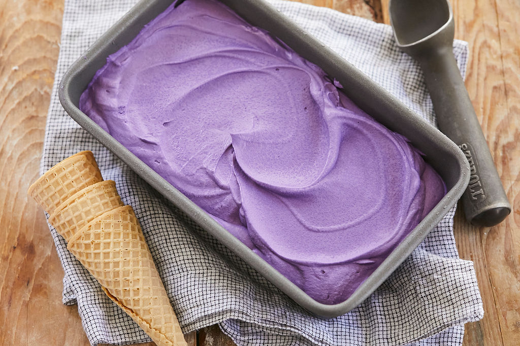 Top-down view of a finished batch of easy homemade Ube Ice Cream