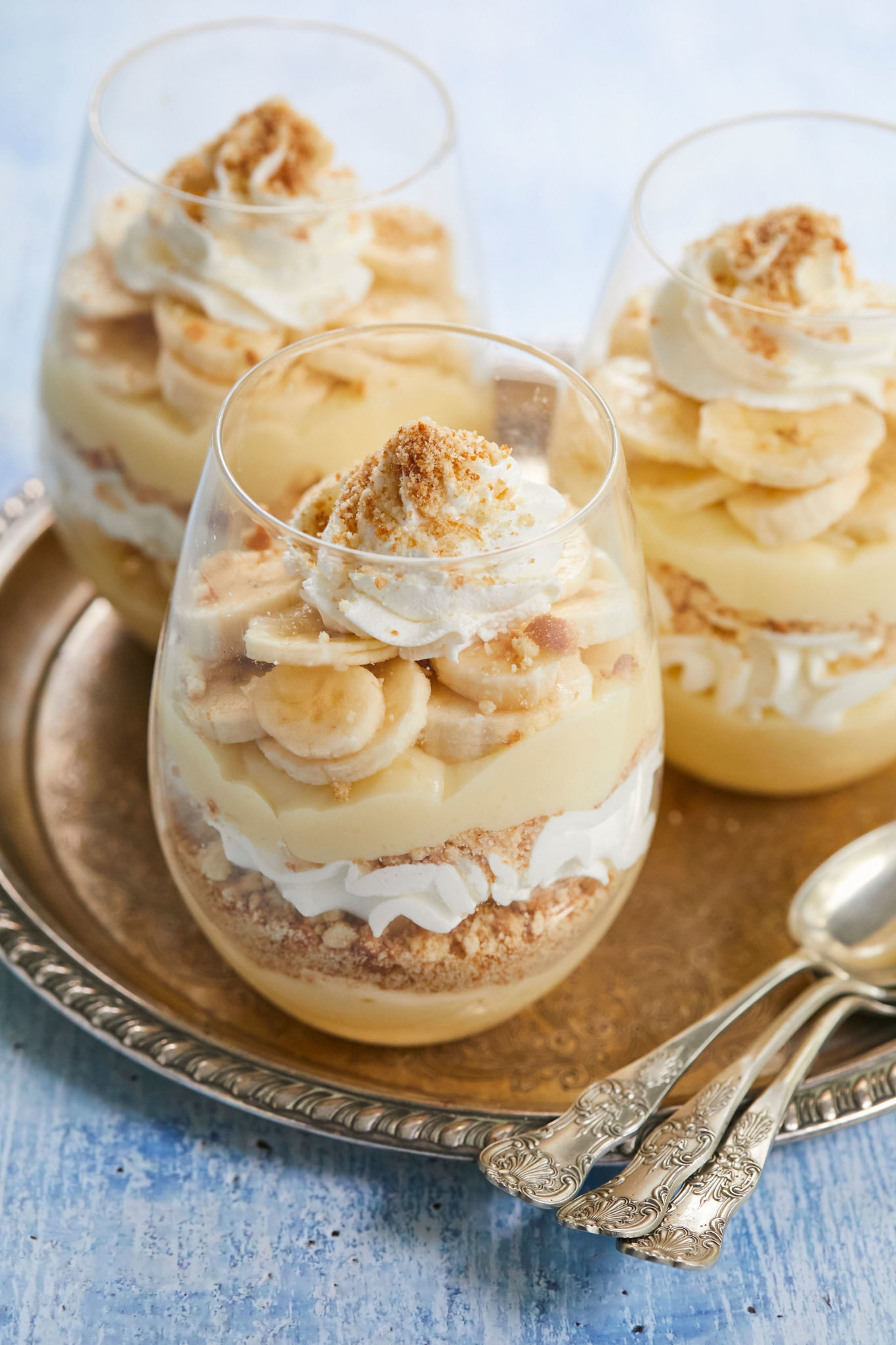 Three servings of my Banana Pudding recipe — in glasses instead of traditional serving dishes.