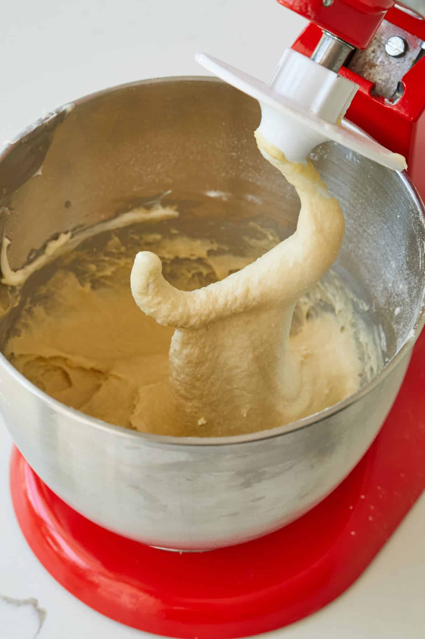 Brioche Burger Buns2 Brioche hamburger buns dough came together in a mixer bowl.