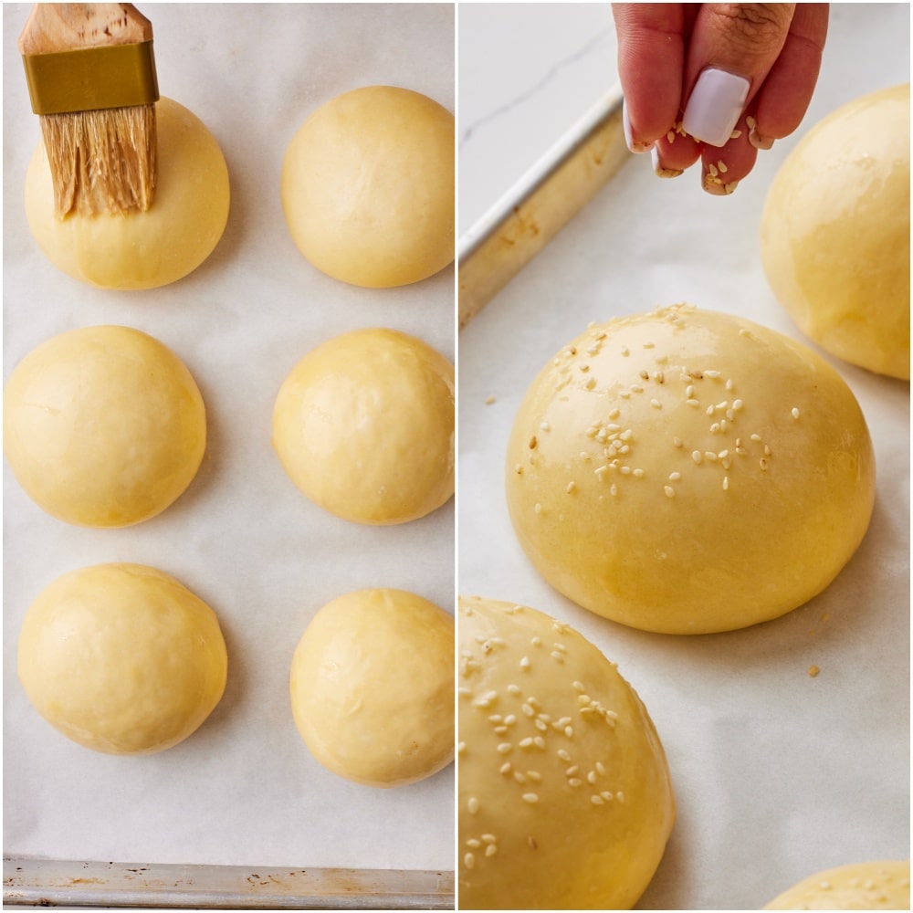 Brioche Hamburger Buns step7 Brush the buns with egg wash and sprinkle with sesame seeds.