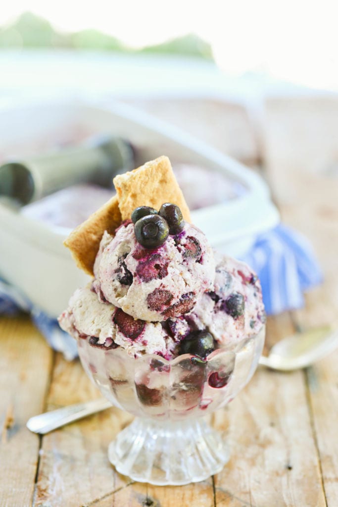 Easiest Homemade Gelato recipe in Blueberry Cheesecake, topped with Graham cracker.