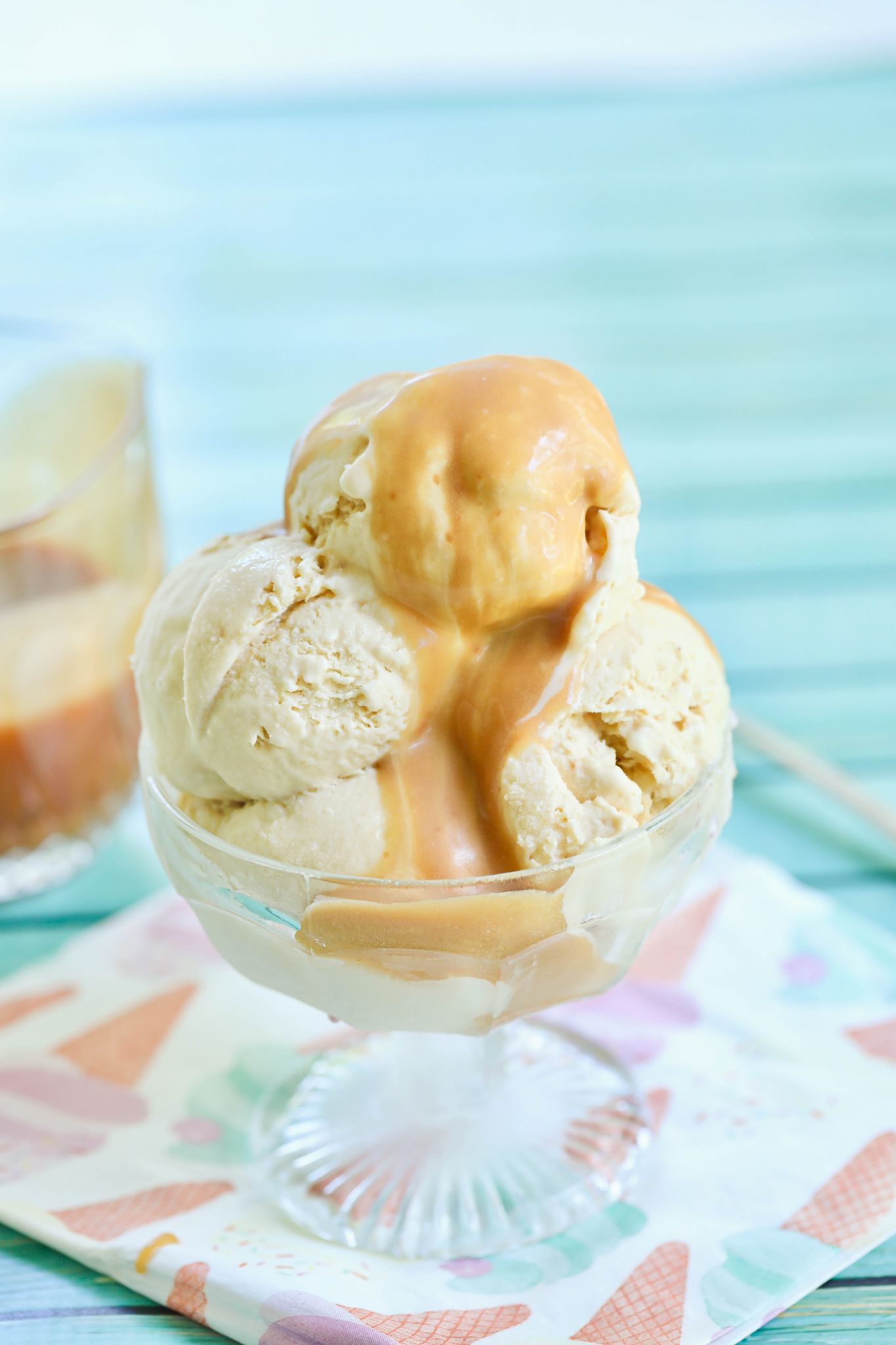 Salted Caramel Gelato recipe, topped with Salted Caramel sauce.