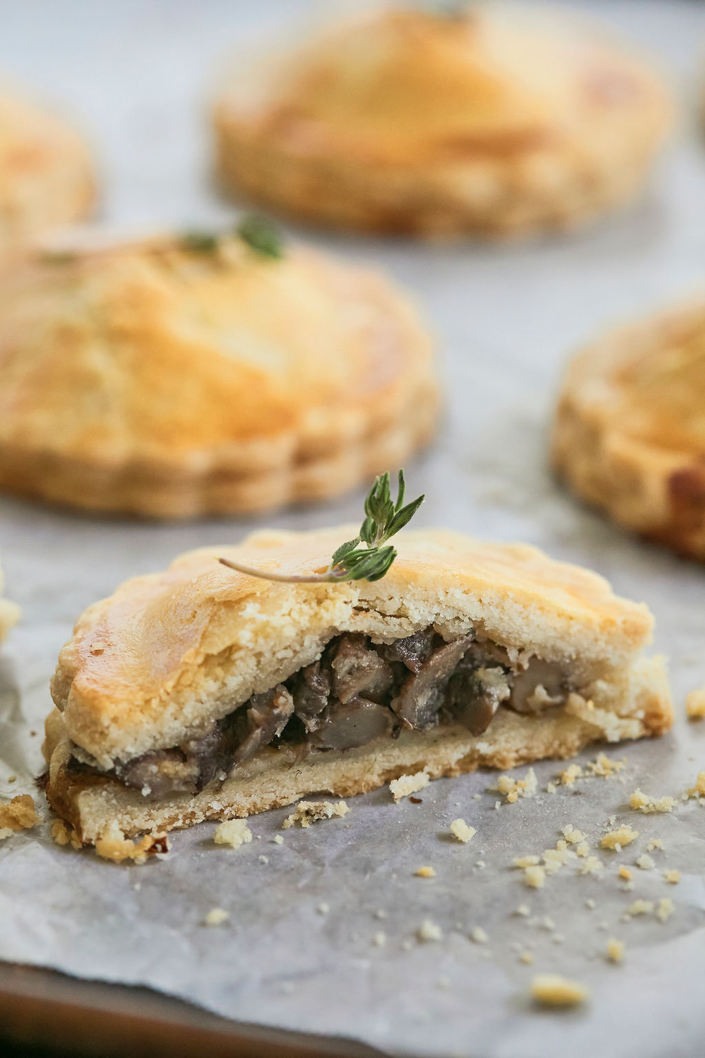 A cross section of my Mushroom, Thyme, and Mascarpone Hand Pies to show filling and texutre.
