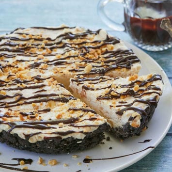 Peanut Butter Fudge Ice Cream Pie recipe, cut to serve.