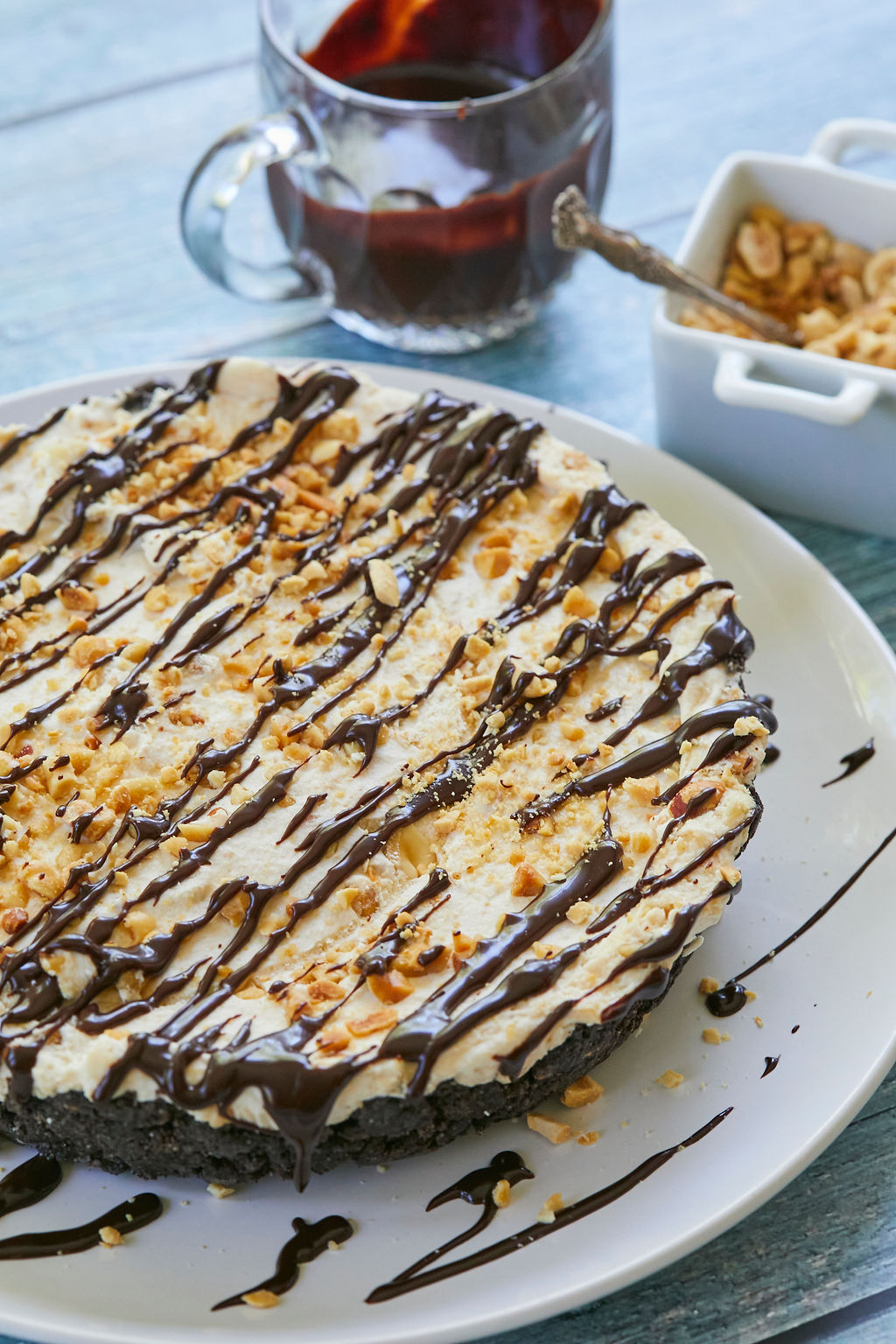 Peanut Butter Fudge Ice Cream Pie, topped with peanuts.