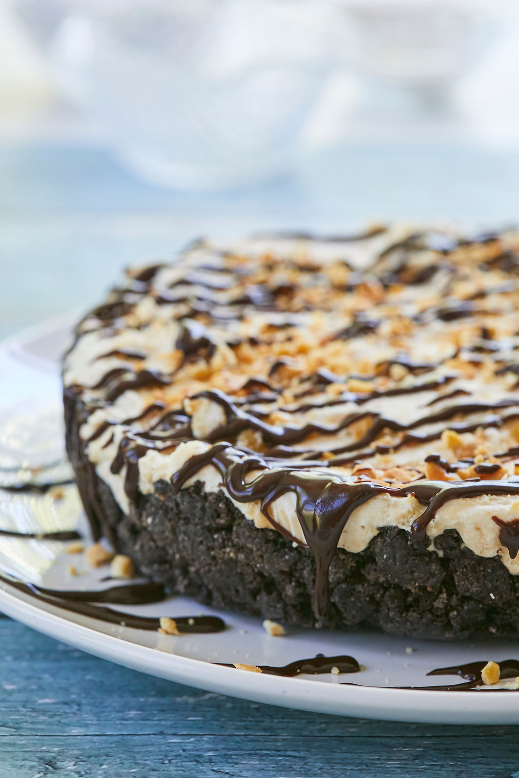 A close up of the outside of my Peanut Butter Fudge Ice Cream Pie, which is no-bake.