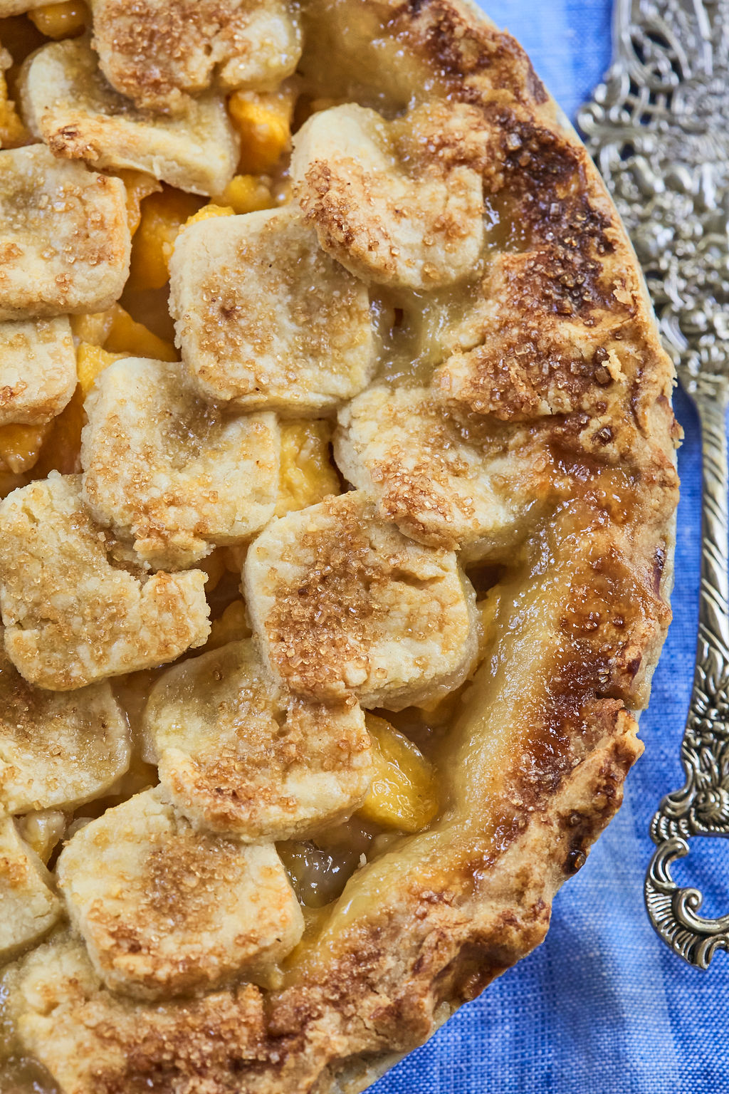 A close up of the top of my Perfect Peach Pie recipe, to show texture and consistency after baking.