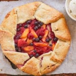 A top-down view of the rustic fruit galette, already baked.