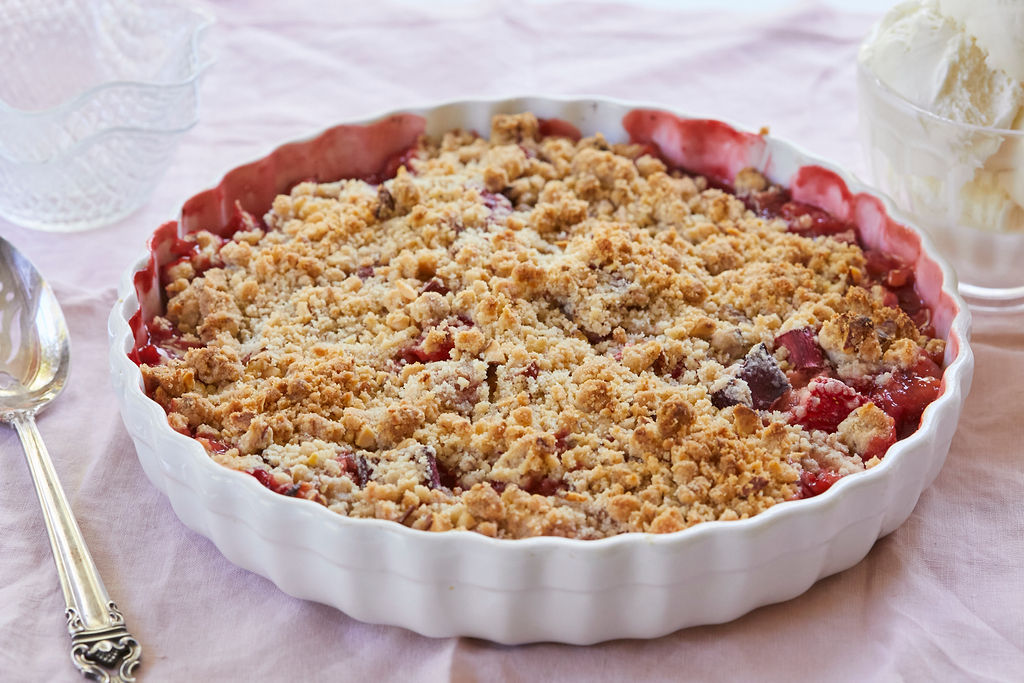 The best strawberry rhubarb crisp recipe, showing what it looks like completed.
