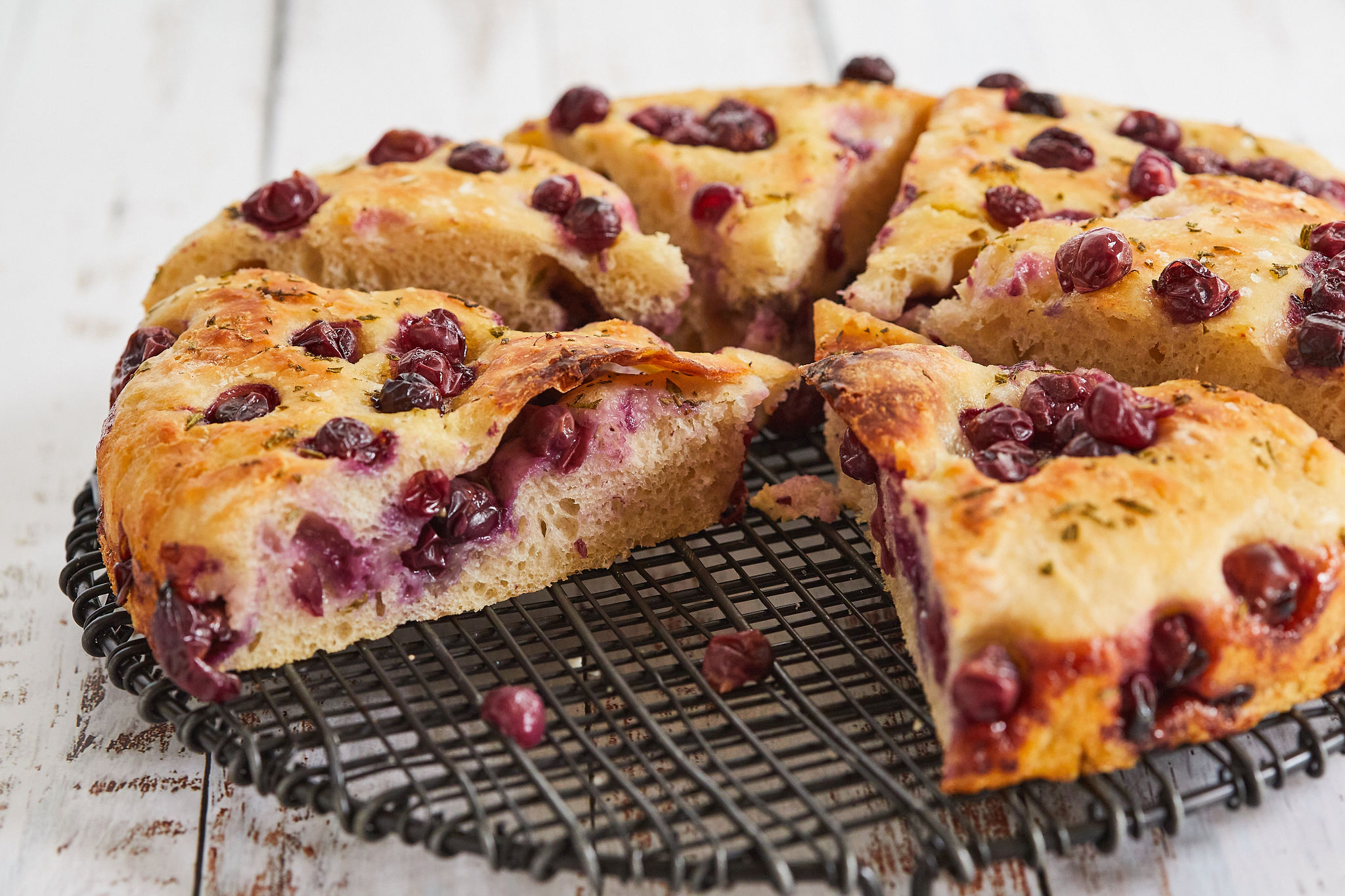 Slices of grape and rosemary focaccia.