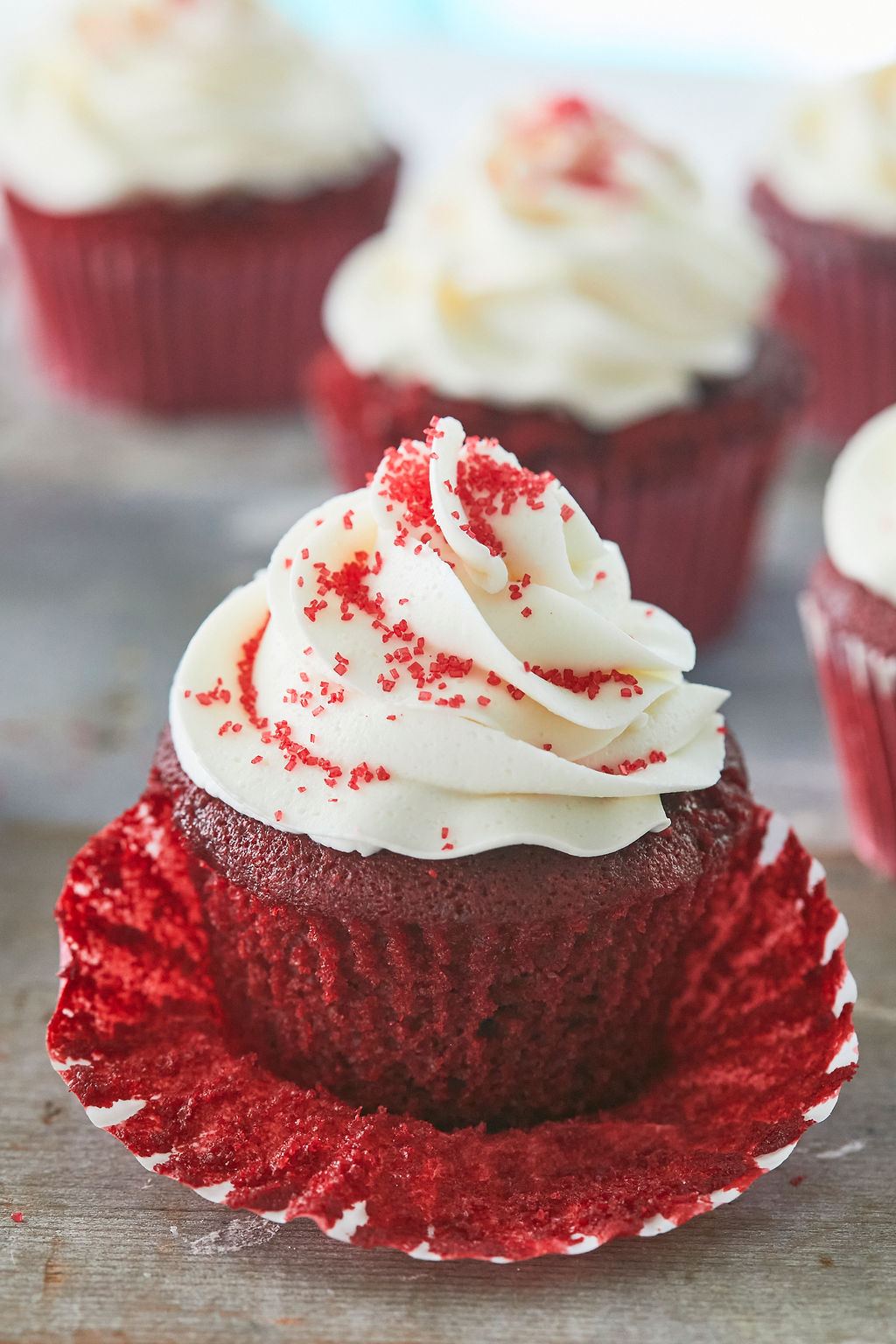 A red velvet cupcake topped with best-ever cream cheese frosting.