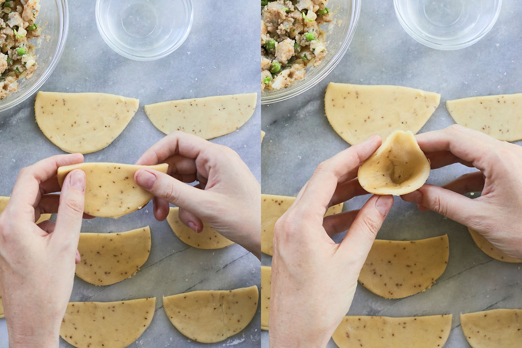 A side-by-side showing the process of folding samosas before filling.