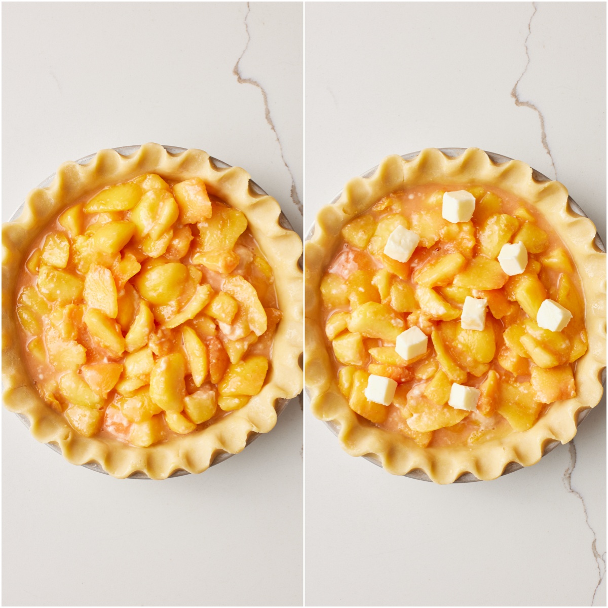 Pour the peach filling mixture into the pie crust and dot with the butter.
