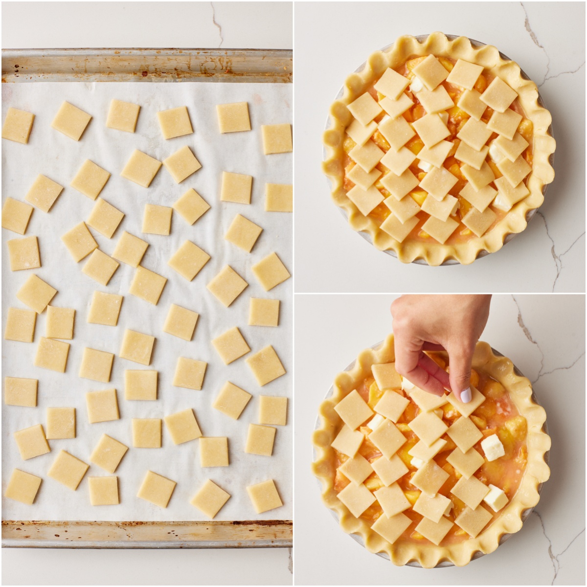 Roll out the second pie crust and cut into small squares. Lay the squares with overlapping corners in rows on top of the pie.